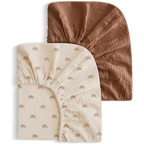 2 Pack Soft Muslin Baby Crib Sheets, 100% Cotton Breathable Double Layer Fitted Sheets for Standard Crib and Toddler Bed Mattresses 28x52 Inches, for Baby Girls and Boys (Brown & Rainbow