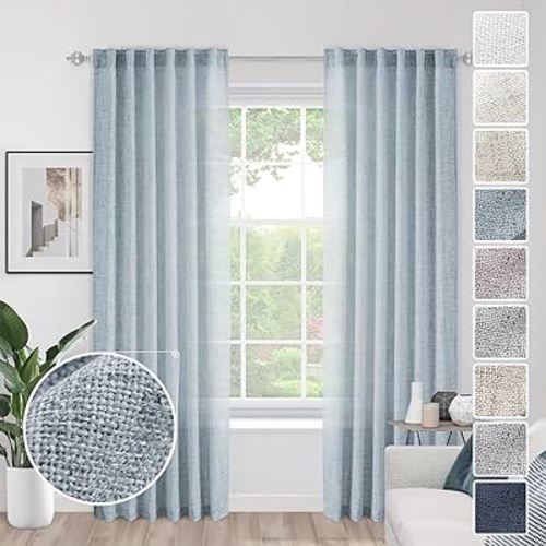 Light Grey Blue Linen Curtains Dusty Blue Curtains for Living Room 2 Panels Set Back Tab Modern Farmhouse Light Filtering Curtains 96 Inches Long Drapes for Bedroom Country 96 Inch Length Stone Blue