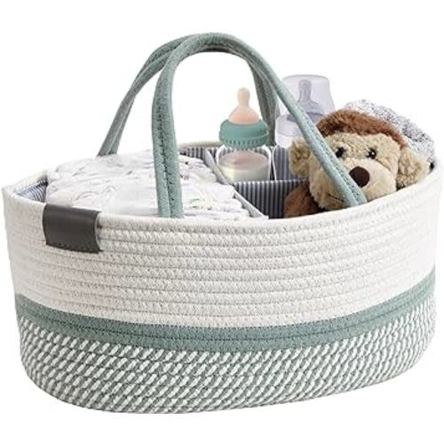 DECOMOMO Diaper Caddy, Baby Diaper Caddy Basket, Diaper Organizer for Changing Table Girl Boy Gift (Spiral Green & White, Large)