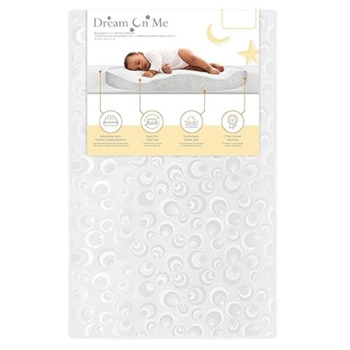Dream On Me 2-in-1 Breathable Two-Sided 3" Portable Mini Crib Mattress, Greenguard Gold Certified, Vinyl and Breathable Fabric, White