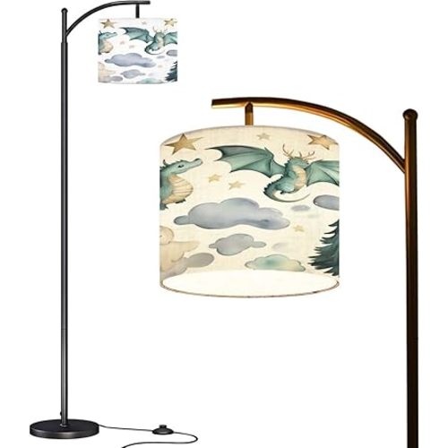 Arc Floor Lamp Dragon Baby Animals Watercolor Tall Standing Lamp Modern Dimmable with Remote Adjustable Drum Shade Footswitch for Living Room Bedroom Office