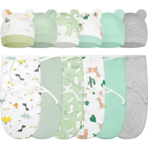 6 Pack Baby Swaddle Blanket with Hats Set for Preemie Newborn Sacks Soft Cotton Wearable for Baby Boy and Girl (Alpaca,0-3 Months)