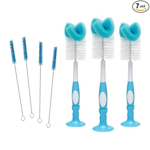 Dr. Brown's Vent Cleaning Baby Bottle Brushes - 4pk and Baby Bottle Cleaning Brush with Sponge and Scrubber - Blue - 3pk