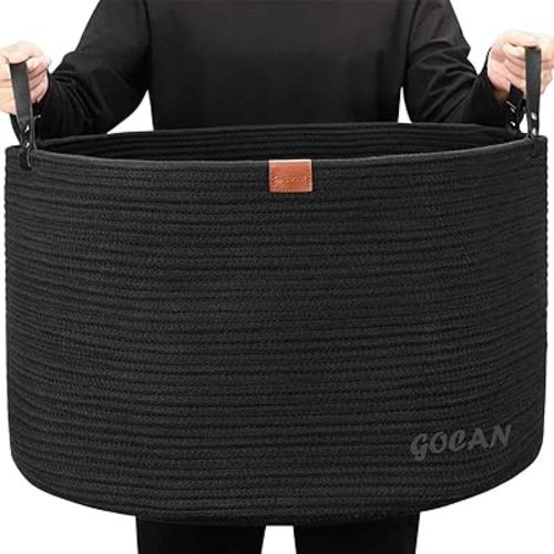 Extra Large Storage Laundry Basket 22" X 22"X 14" Cotton Rope Woven Basket for Blanket Basket with Handles for Living Room Toys Storage XXXL (Pure Blk)