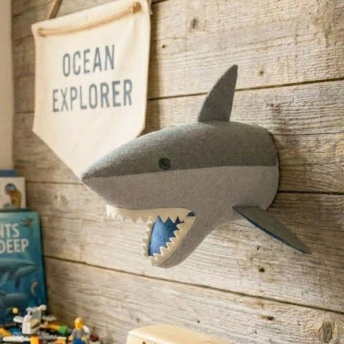 Handmade Felt Grey Shark Head Wall Decor - Adorable 3D Ocean Animal Head