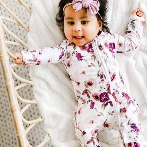 Demi's Dusty Purple Floral Zipper Ruffle Footie