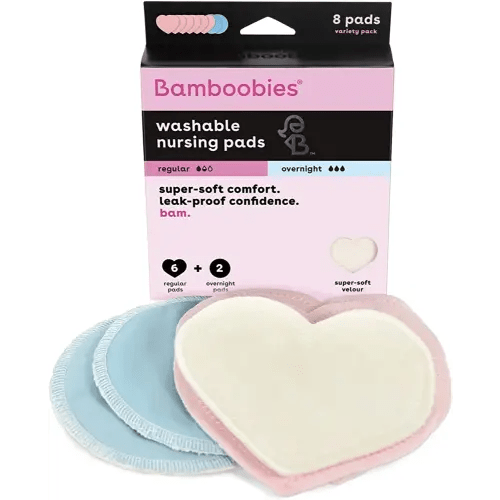 Bamboobies Women’s Nursing Pads, Reusable and Washable, Blue and Light Pink, 3 Regular Pairs and 1 Overnight Pairs, Leak-Proof Pads for Breastfeeding, 4 Pairs