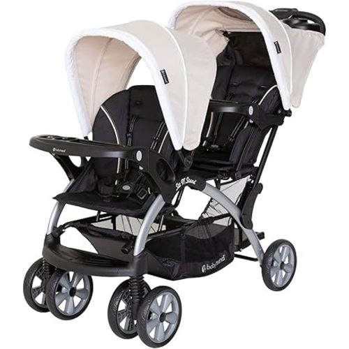 Baby Trend Double Infant and Toddler Stroller w/ Harness and Basket, Sit N' Stand, Khaki