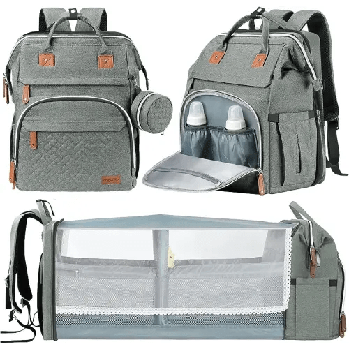 DERJUNSTAR Baby Diaper Bag Backpack, Diaper Changing Station, Baby Bags for Boys Girls, USB Charging Port,Pacifier Case, Sunshade and Toy Bar, Ash Grey