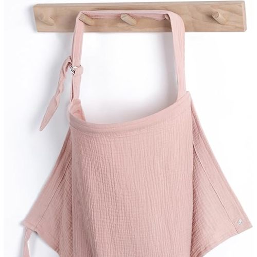 Blissful Diary Muslin Nursing Cover for Breastfeeding, Breathable Breastfeeding Cover up with Arch Neckline for Women, Nursing Apron(Pink)