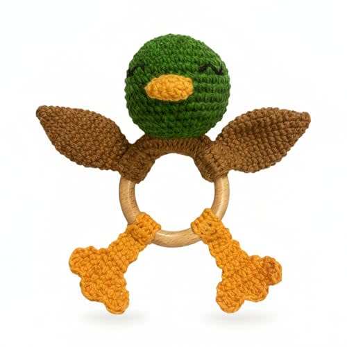 Wooden Baby Rattle for Boys and Girls, Crochet Stuffed Animal for Newborn, 3 4 5 6 Month Toys, Mallard Duck
