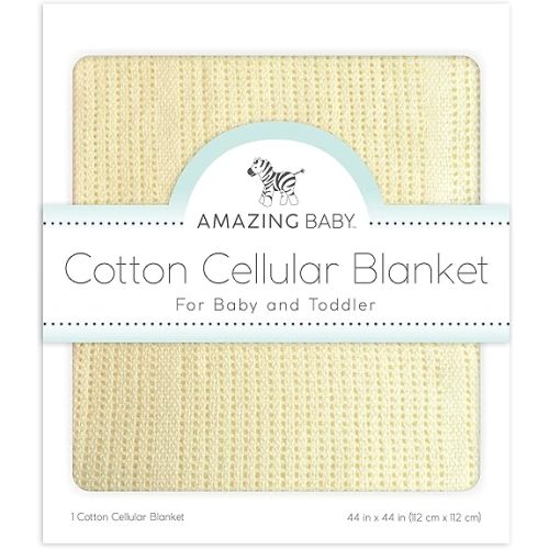 Amazing Baby Cellular Blanket, Premium Cotton, Ultra Soft, Breathable, Cozy Gift for Baby Boys and Girls, Favorite Toddler Blanket, 44 x 44 inches (112 x 112 cm), Soft Yellow