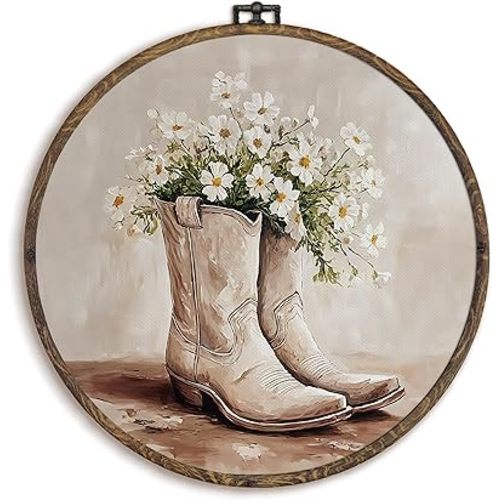 KFXHANGD White Western Cowgirl Framed Wall Art Decor, Vintage Cowgirl Boots Round Hanging Decor, Rustic Preppy Western Canvas Prints Wall Art for Teen Girls Dorm Room Bedroom, 10x10inch