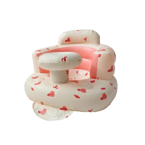 Baby Inflatable Sitting Chair with Tray – Lightweight Baby Feeding Seat for Toddlers 4–36 Months | Soft, BPA-Free PVC, Non-Slip Base, Portable Design(Rabbit) (Pink)