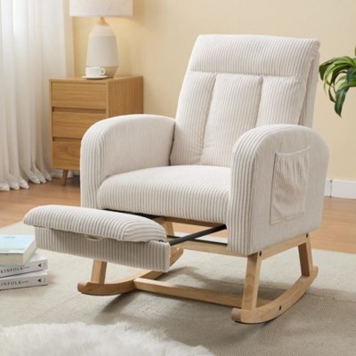 FHH Accent Chair Nursery Rocking Chair,Corduroy Upholstered Armchairs with Adjustable Footrest,Tufted Rocker Chair with Side Pocket,Glider Rocker for Living Room,Bedroom (Retro, Cream)