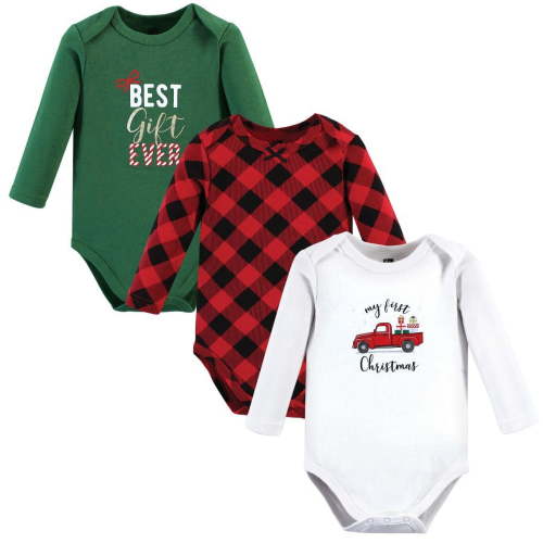 Hudson Baby Infant Girls Cotton Long-Sleeve Bodysuits, Christmas Gift 3-Pack, 9-12 Months