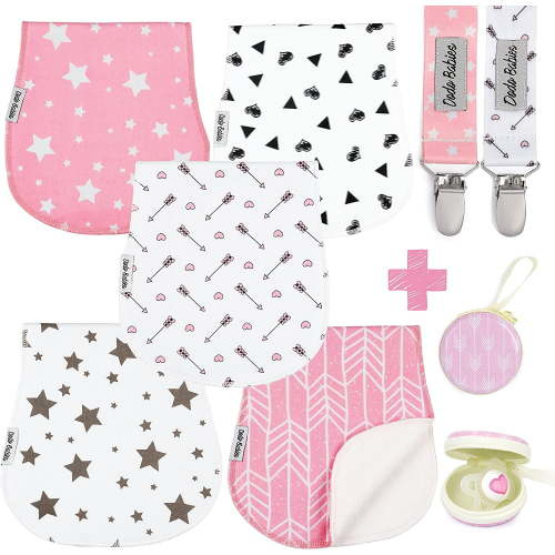 Dodo Babies 5 Pack Baby Burp Cloths with 2 Pacifier Clips and 1 Pacifier Case, Female, Infant