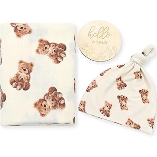 LifeTree Muslin Swaddle Blankets, Muslin Baby Swaddle Blanket and Hat Set with Birth Announcement Card, Newborn Unisex Receiving Blankets Bear Pattern