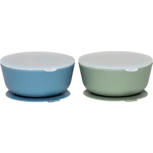 WeeSprout Suction Bowls for Baby & Toddlers (Set of 2) - 100% Silicone w/Plastic Lid - Leak Proof Feeding Supplies - Dishwasher & Microwave Safe Infant Dinnerware w/Extra Strong Base - Muted Blue + Muted Green