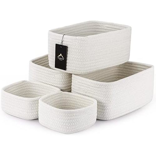 5-Pack Small Woven Rope Storage Baskets – 2 Sizes Organizer Bins for Closet, Shelf, Bookshelf, Nursery, Changing Table, Fabric Cube Boxes, Rectangular Shallow Bins for Bathroom, Toy & Home