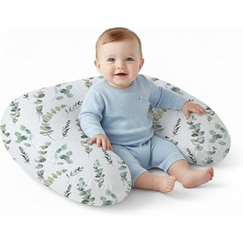 Little Grape Land Muslin Nursing Pillow, Soft 100% Cotton Breastfeeding Pillow with Breathable Removable Cover, Green Leaves Breast Feeding Pillows for Babies 0-12 Months with Protective Zipper