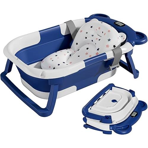 TPN Collapsible Baby Bathtub for Infants to Toddler with Real-time Temp Monitor+Floating Cushion,Foldable Baby Bath Tub Set Applicable 0-36 Month,Perfect Portable Travel Baby Tub for Newborns Boy