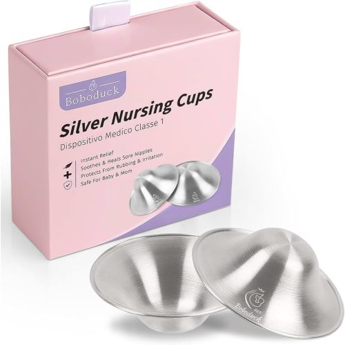 Boboduck The Original Silver Nursing Cups - Nipple Shields for Nursing Newborn, Newborn Breastfeeding Must Haves for Soothe and Protect Your Nursing Nipples - 925 Silver (Regular Size)