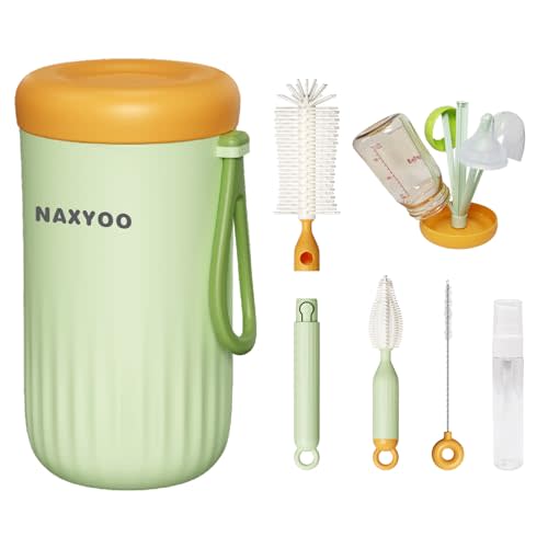 NAXYOO Travel Baby Bottle Brush Set with Build-in Drying Rack - Baby Essential Portable Silicone Bottle Cleaner Brush Kit for Bottle, Nipple, Straw Cleaning, for Home, Travel Use - Green, Small