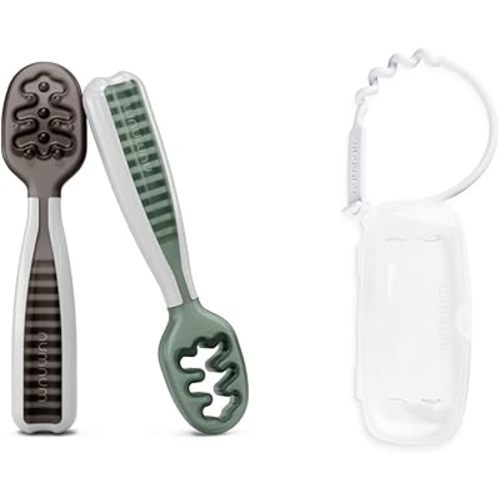 NumNum Baby Spoons Set, Pre-Spoon GOOtensils for Kids Aged 6+ Months - First Stage, Baby Led Weaning (BLW) Spoon Gray/Green + Travel Case for Pre-Spoon GOOtensils for Kids Aged 6+ Months