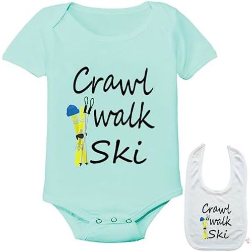 Crawl Walk Ski -Cute Snow Skiing winter sports Baby bodysuit onesie & bib Set