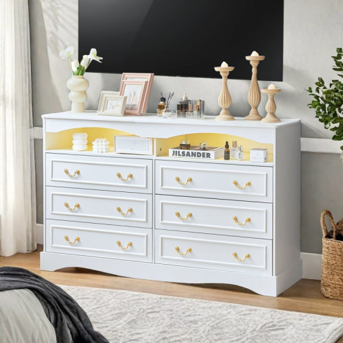 House of Hampton® 55.12"W Retro 6 Drawer Double Dresser with Light, French Country Antique White Chest of Drawers, Modern Farmhouse Tall Wide Storage Dressers Organizer for Bedroom, Rustic Wood TV Stand for TVs up to 60" for Living room, Hallway and Entry