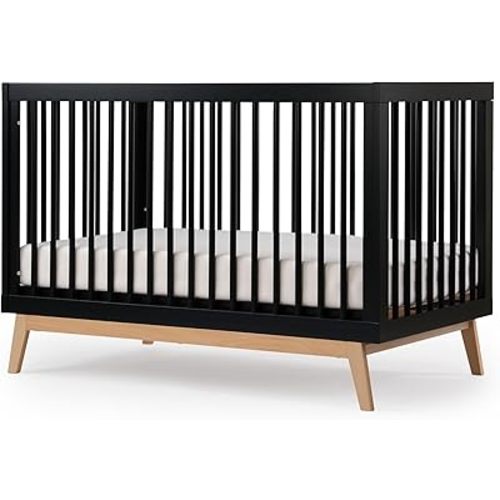 dadada Baby Soho 3-in-1 Convertible Crib to Toddler Bed – Wooden Crib Made in Italy, GREENGUARD Gold Certified Small Baby Crib – Baby-Safe Finish, Modern Design (Black/Natural)