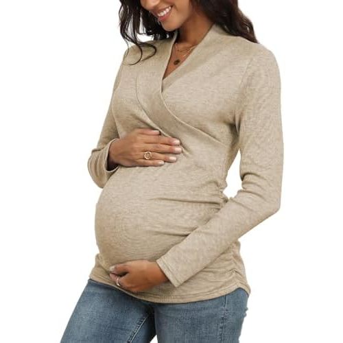 Women's Breastfeeding Nursing Top Cross V-Neck Ruched Long Sleeve Maternity Shirts