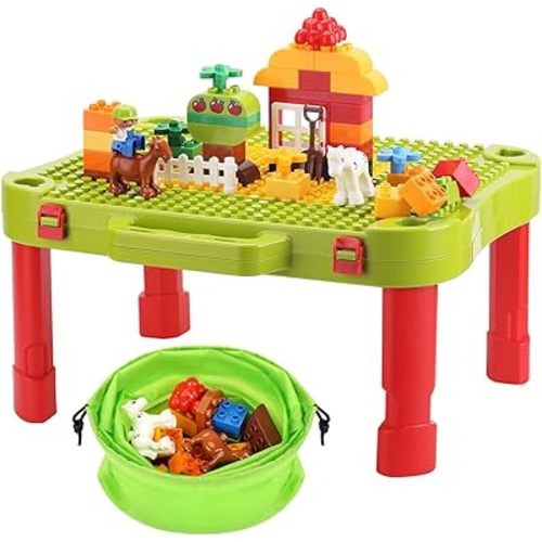 3 in 1 Kids Activity Table, Kids Play Table Set with 42 Blocks, Building Blocks Kit Compatible with Mega Blocks and Lego Duplo, Foldable Activity Desk, Play Board, and Toy Storage for Toddlers