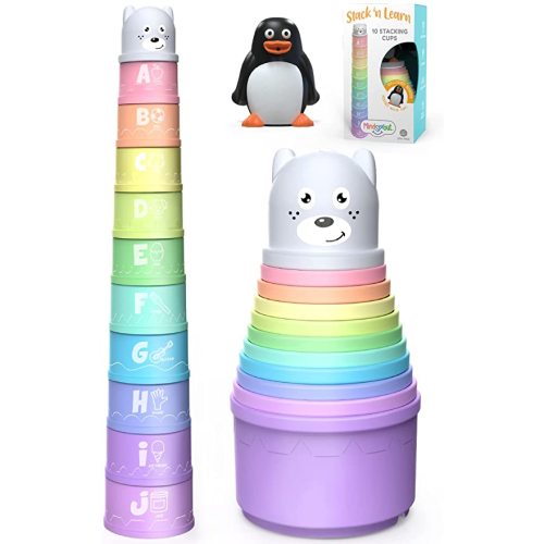 Stacking Cups Toy for Toddler, Modern Design with Numbers, Letters, Patterns, Pastel Colors + FREE Bonus Squirting Baby Bath Toy & Bear Head Shaker, Fun Educational Toys for 6 Months +, 1 2 3 years - Multicolor - 10 Count (Pack of 1)