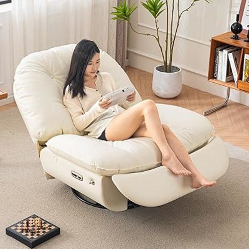 Oversized Electric Recliner Chair, 360 Swivel Rocking Glider Rocker for Adults Modern Ergonomic Lounge for Living Room Phone Stand& Smart Theater Seating (Beige, Silicone Leather)