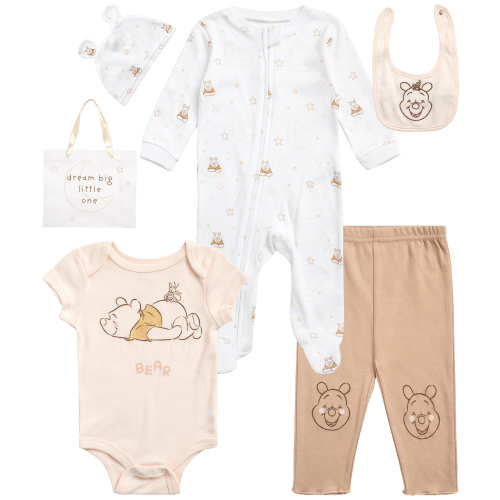 Disney Newborn Baby Layette Set - 7 Piece Mickey/Minnie Mouse & Winnie the Pooh Bodysuit, Coveralls, Sweatpants, Hat, Gift Bag (0-6M)