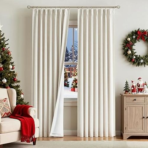 Vision Home Natural Full Blackout Curtains Linen Blended Darkening Window Curtains 84 inch for Living Room Bedroom Thermal Insulated Pinch Pleat Drapes with Hooks 2 Panel 40"Wx84"L