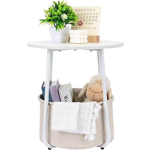 Fixwal Round Side Table with Storage, Small End Table with Fabric Basket and Bohemian Tablecloth for Living Room Bedroom, Classic White and Sand Beige