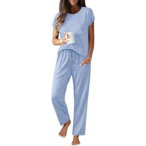 Ekouaer Womens Pajama Sets Cap Sleeve Sleepwear Tops and Long Pants Comfy Pjs 2 Piece Lounge Set with Pockets S-XXL