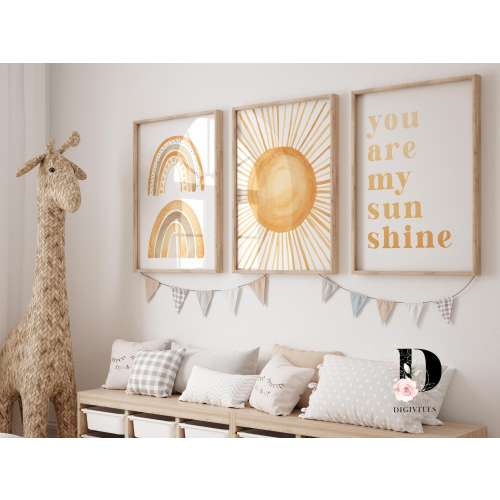 Boho Nursery Sunshine prints, You are my sunshine, Boho nursery decor, Sun wall art, Rainbow prints, retro nursery art, Nursery wall art