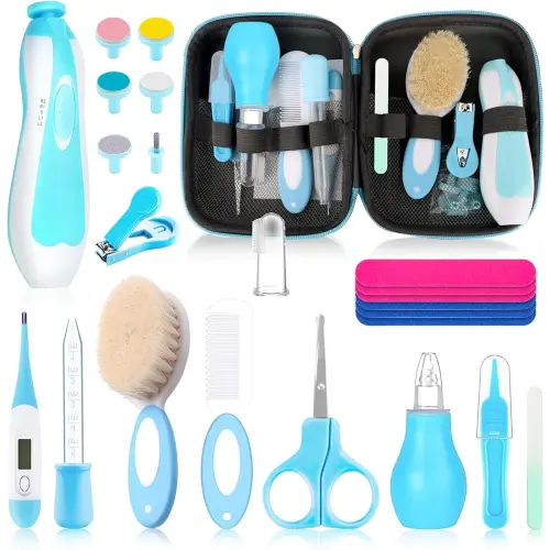 Baby Healthcare and Grooming Kit, Baby Safety Set Newborn Nursery Health Care Set with Hair Brush Scale Measuring Spoon Nail Clippers for Baby Girls Boys (24PCS Blue)