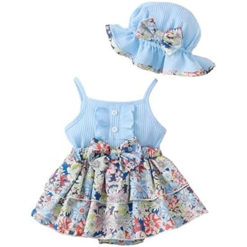 SUNNY PIGGY Baby Girl Clothes Newborn Infant Romper Sleeveless Suspender Dress Summer Outfits Sets with Hat
