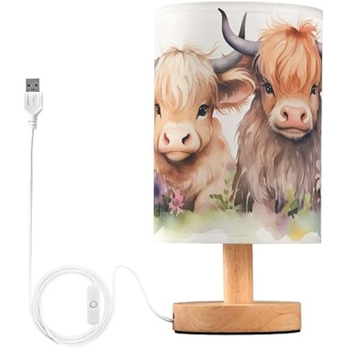Bedside Table Lamp Cute Highland Cows Flower Nightstand Lamp with Wood Desk Lamps for Bedroom Living Room Nursery Office Home Decor