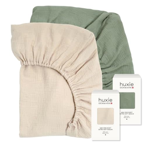 Huxie Mini Crib Sheets – Organic Cotton Muslin Fitted Crib Sheet – Fitted for Pack and Play 24" x 38" Ultra-Soft and Breathable (Fog/Roman Green)