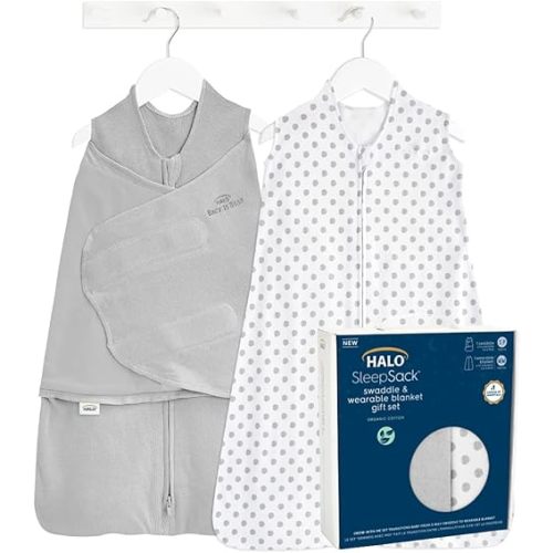 HALO Sleepsack Swaddle 3-6 Months and Wearable Blanket 6-12 Months 100% Organic Cotton 2-Piece Gift Set with Box, TOG 1.5, Cloud