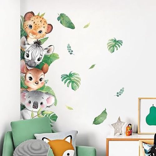 Tanlaby Jungle Animals Wall Stickers Woodland Animal Wall Decals Leopard Deer Zebra Safari Peel and Stick Art Decor for Baby Nursery Kids Bedroom Playroom Daycare Kindergarten