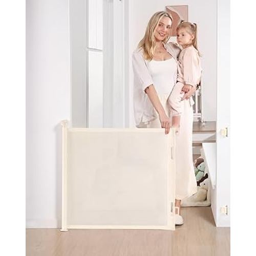 Retractable Baby Gate, Mesh Baby and Pet Gate 33" Tall, Extends up to 55" Wide, Child Safety Baby Gates for Stairs Doorways Hallways, Dog Gate Cat Gate for Indoor and Outdoor (Beige)