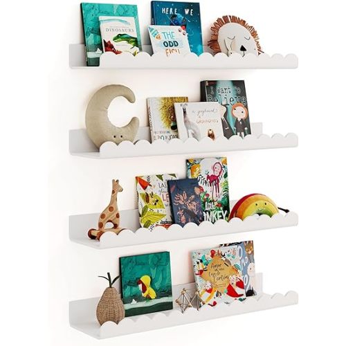 G&W Gruwald 4 Pack White 15.7 Inches Acrylic Book Shelf for Kids Room, Floating Kids Book Shelves for Wall, Nursery Book Shelves, Magazine Rack, Picture Ledge (White, 15.7)