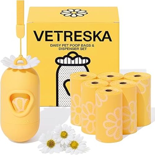 VETRESKA Dog Poop Bag Dispenser with Daisy Scented Waste Bags Leak-proof and Extra Thick Poop Bags for Dog Walking and Cat Litter 1 Holder and 105 Bags (7 Refill Rolls)